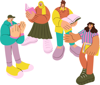 Hand Drawn Vibrant Four Friends Standing Reading Together and Discussing